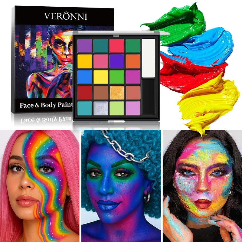 20 Colors Face Body Paint Palette with 6pcs Brushes, Waterproof Non-Toxic Face Painting Kit for Halloween Cosplay SFX Stage Carnival Party Kids Festival Body Art Makeup Supplies