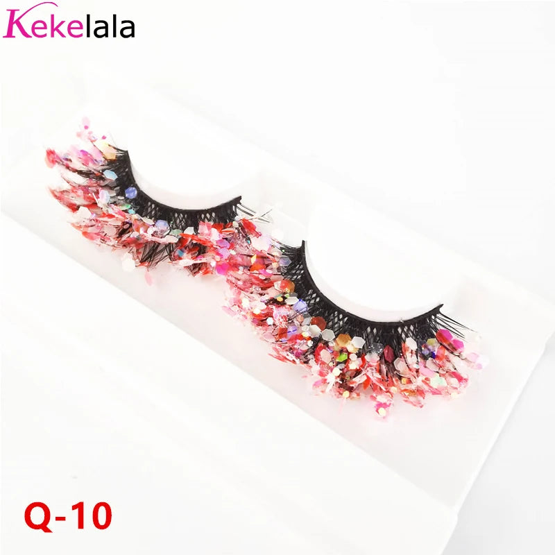 Unique Shining Colored Eyelashes Gold Pink Green Glitter Colorful False Eye Lashes Dramatic Halloween Party Rainbow Cilias