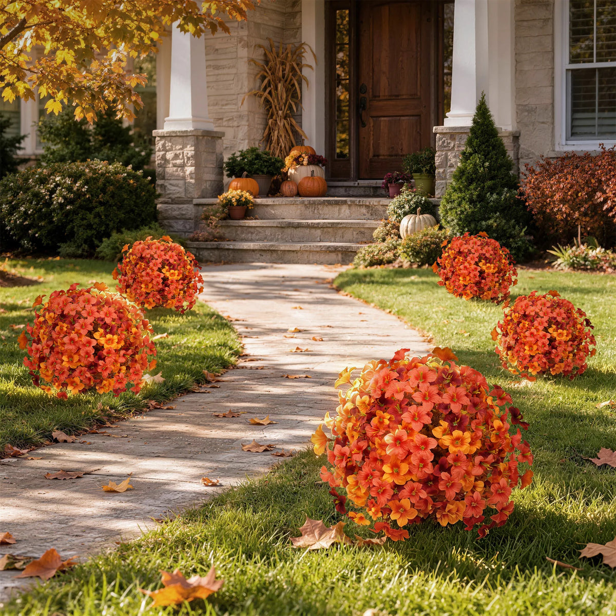2 Pack Artificial Flowers Topiary Ball Outdoor Decoration with Garden Stake, Realistic Faux Flower Bush UV Resistant for Front Porch Patio Yard Garden Fall Decor Halloween Thanksgiving Day Decor