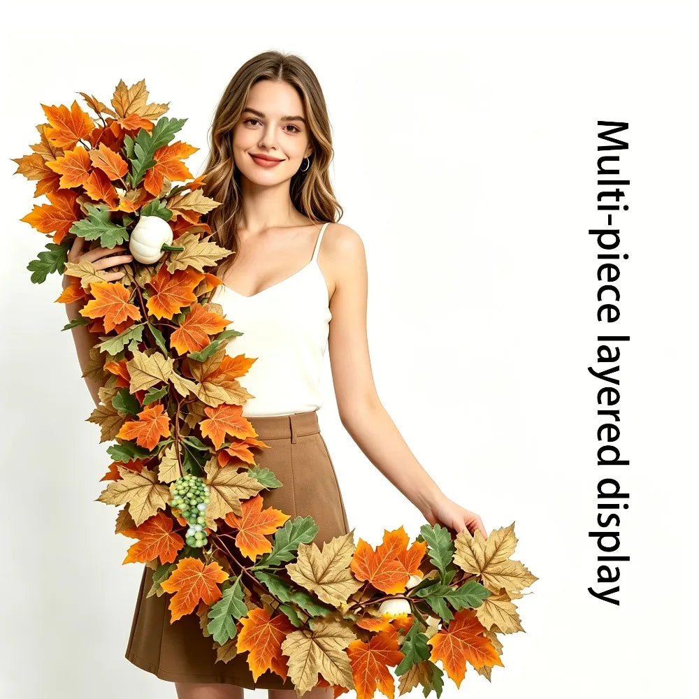 Autumn Maple Leaf and Pumpkin Artificial Rattan Hanging Decor for Thanksgiving Halloween and Autumn Parties