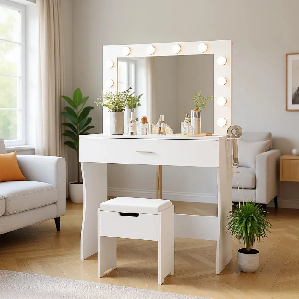 Makeup Vanity Desk with Mirror, White Bedroom Vanity Table with Charging Station and Storage Stool