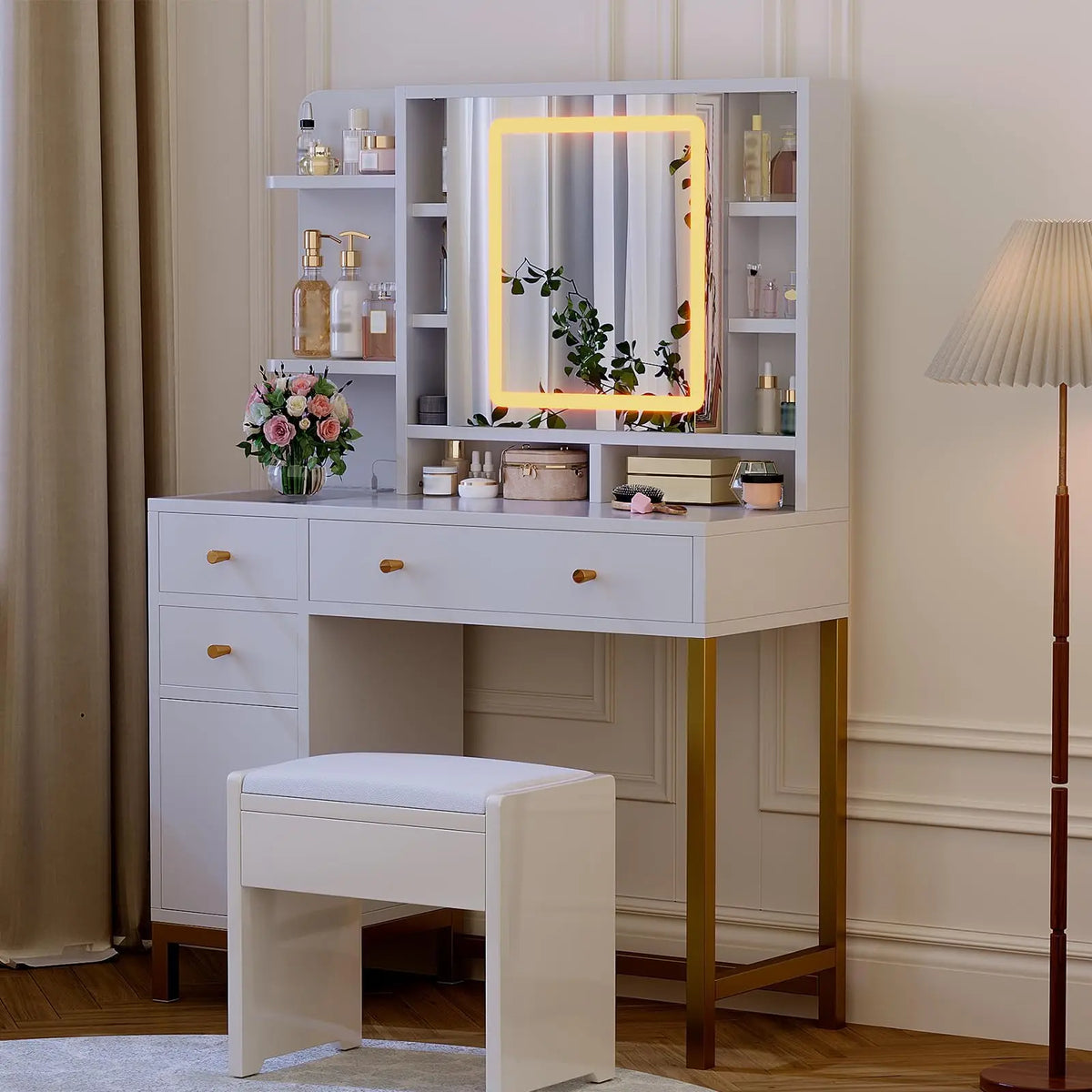 White Vanity Desk with Mirror and LED Lights